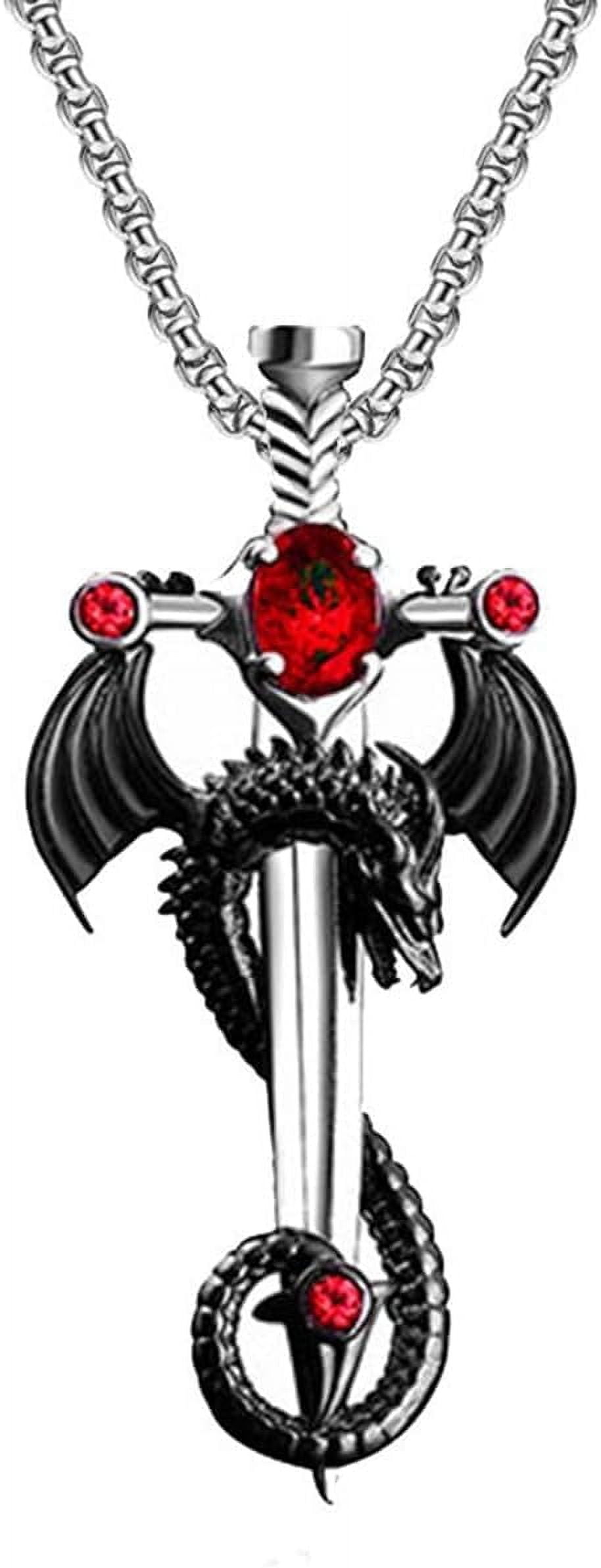 Gothic Sword Dragon Necklace - Vintage Dragon Wrapped Cross Pendant Punk Style For Men - View #2