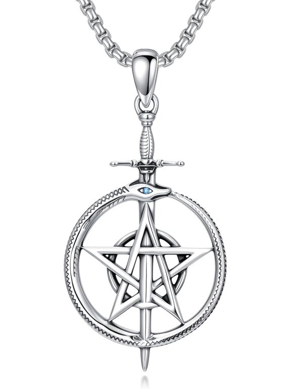 Gothic Sword Necklace for Men 925 Sterling Silver Bull Skull Snake Necklaces Viking Rune Sword Amulet Skull Jewelry Gift