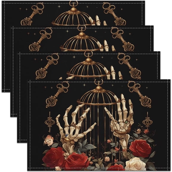 Gothic Table Mats Placemat 12"x18" Sugar Skull Placemats Set of 4 Floral Rose Placemats for Dining Table Indoor Outdoor Kitchen Flower Decor Table Place Mats