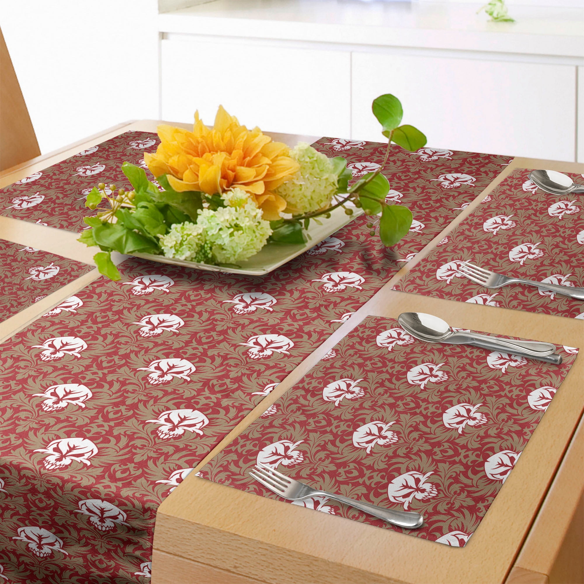 Gothic Table Runner & Placemats, Baroque Pattern with Floral Curves Old