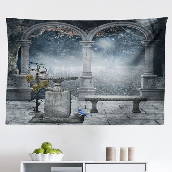 Gothic Tapestry, Altar Table in Castle Baroque Era Inspired Alchemy Wizard Design, Fabric Wall Hanging Decor for Bedroom Living Room Dorm, 2 Sizes, Reseda Green Mustard, by Ambesonne
