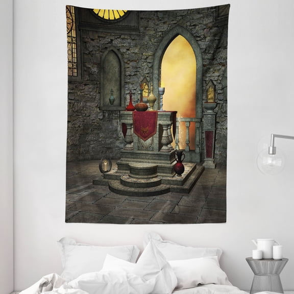 Gothic Tapestry, Ancient Altar Table in Castle Baroque Era Inspired Alchemy Wizard Design, Wall Hanging for Bedroom Living Room Dorm Decor, 60W X 80L Inches, Reseda Green Mustard, by Ambesonne