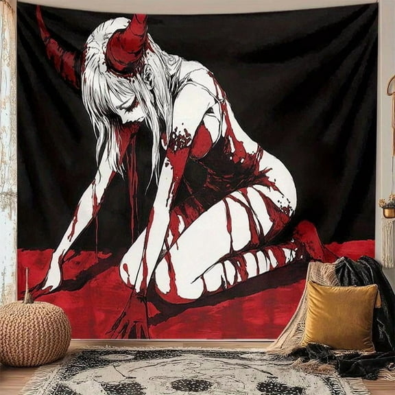 Gothic Tapestry Banner - Blood-Red Demon Artwork, 100% Polyester Wall Hanging for Living Room, Bedroom, or Dorm Decor, Hand-Stitched Edges, Wrinkle-Resistant, Indoor & Outdoor Use, Gothic Home Decor