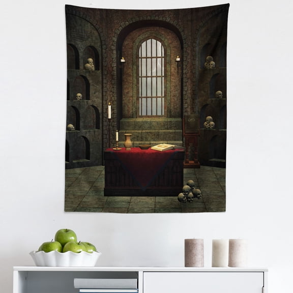 Gothic Tapestry, Fantasy Theme Spell Casting Warlock Witch Skulls on Shelves Candles Spooky Scenery, Fabric Wall Hanging Decor for Bedroom Living Room Dorm, 5 Sizes, Red Brown, by Ambesonne