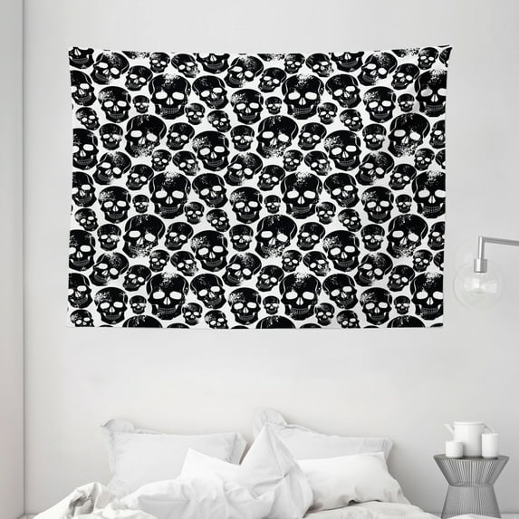 Gothic Tapestry, Grunge Black Human Skulls on White Backdrop Evil Men Fear Horror Death Skeleton, Wall Hanging for Bedroom Living Room Dorm Decor, 80W X 60L Inches, Black White, by Ambesonne