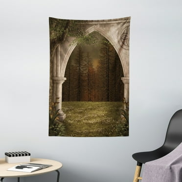 Gothic Tapestry, Old Retro Arch in the Garden Renaissance Meadow Forest Dark Scary Design Image, Wall Hanging for Bedroom Living Room Dorm Decor, 40W X 60L Inches, Green Beige, by Ambesonne
