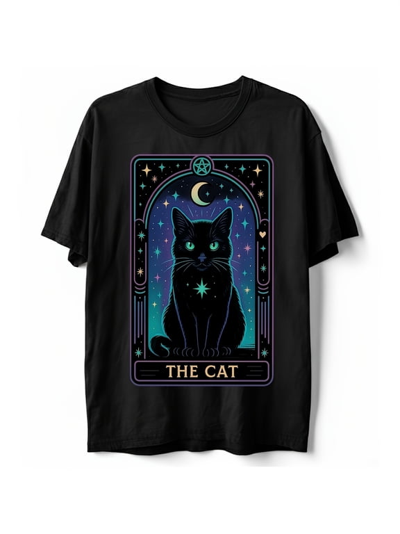 Gothic Tarot Card Black Cat Celestial Vintage Grunge Y2k Cotton Men's Women's T-Shirt