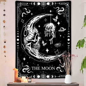 Gothic Tarot Moon Tapestry, Trippy Witchy Black and White Skull Snake Tapestry Wall Hanging for Bedroom, Goth Satanic Spooky Tapestries Poster Blanket College Dorm Home Decor 40X60Inches