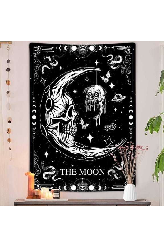 Gothic Tarot Moon Tapestry, Trippy Witchy Black and White Skull Snake Tapestry Wall Hanging for Bedroom, Goth Satanic Spooky Tapestries Poster Blanket College Dorm Home Decor 40X60Inches