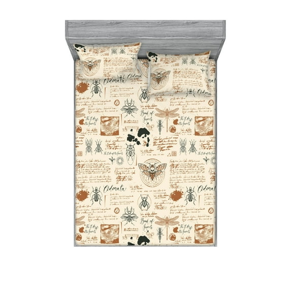 Gothic Themed Fitted Sheet & Pillow Sham Set, Spooky Moth and Cockroach Sketch Cursive Hand Writing Pattern Grunge, Decorative Printed 3 Piece Bedding Decor, Full, Pale Caramel Cream, by Ambesonne