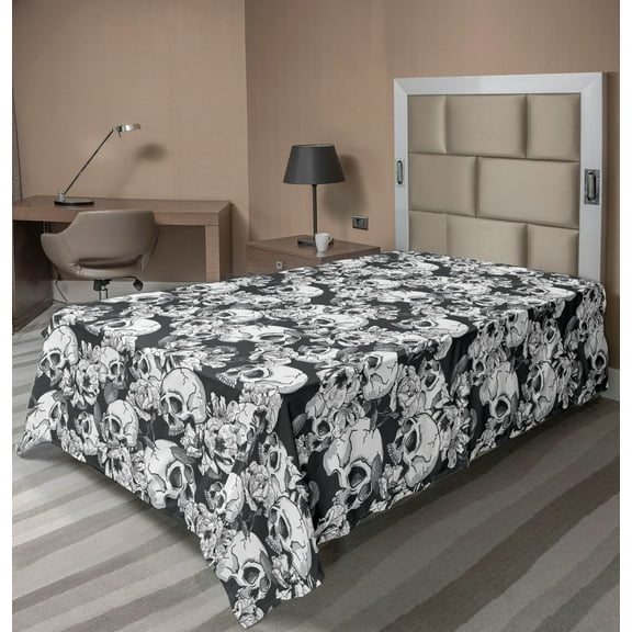 Ambesonne Gothic Themed Flat Bedding Sheet Soft Top Sheet, Spooky Skull Pattern, Twin, Charcoal Grey Pale Grey