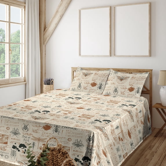 Gothic Themed Sheet Set, Spooky Moth and Cockroach Sketch Cursive Hand Writing Pattern Grunge, Fitted & Flat Sheet with Pillowcase Bedding Accent 4 Pcs Set, Full, Pale Caramel Cream, by Ambesonne