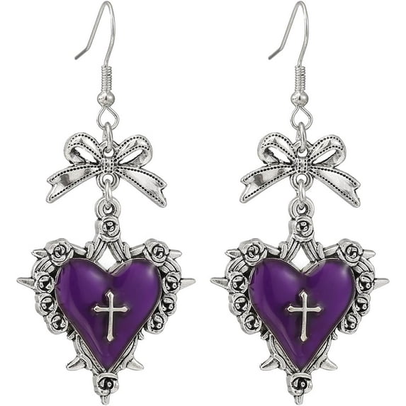 Gothic Thorn Heart Earrings,Punk Style Red Purple Black Crystal Earrings Vintage Heart Cross Earring Y2k Aesthetic Hip Hop Earring Victoria Vampire Halloween Jewelry Costume