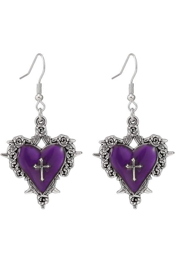 Gothic Thorn Heart Earrings,Punk Style Red Purple Black Crystal Earrings Vintage Heart Cross Earring Y2k Aesthetic Hip Hop Earring Victoria Vampire Halloween Jewelry Costume