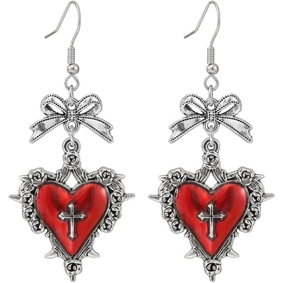 Gothic Thorn Heart Earrings,Punk Style Red Purple Black Crystal Earrings Vintage Heart Cross Earring Y2k Aesthetic Hip Hop Earring Victoria Vampire Halloween Jewelry Costume