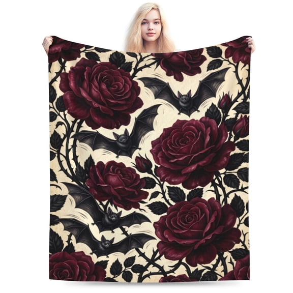 Gothic Throw Blanket Gifts Bat Rose Plush Blanket Cozy Lightweight Halloween Goth Bedding Warm Decor for Bedroom Couch for Women 50x40