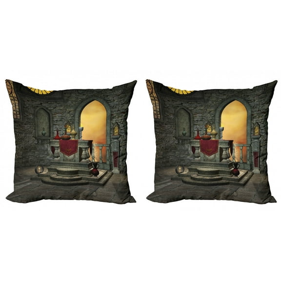 Ambesonne Gothic Throw Pillow Cover 2 Pack, Altar Design, 24", Reseda Green Mustard