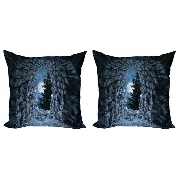 Ambesonne Gothic Throw Pillow Cover 2 Pack, Full Moon Dark Cave, 20", Blue Grey