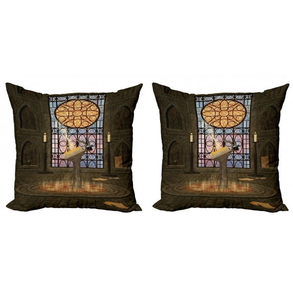 Ambesonne Gothic Throw Pillow Cover 2 Pack, Pentagram Magic Candles, 24", Olive Green Mustard