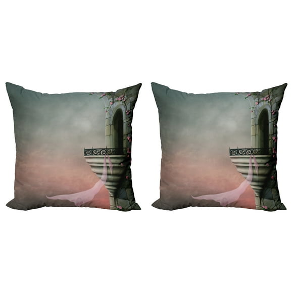 Ambesonne Gothic Throw Pillow Cover 2 Pack, Old Medieval Tower Rose, 16", Pink Grey