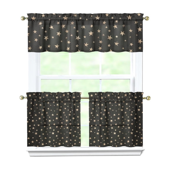Gothic Tier Curtains for Kitchen - 3 PC Dark Astral Eclipse & Lunar Design, Farmhouse Rod Pocket Short Curtains with Valance (54x18 + 27.5x24 Inch), Machine Washable