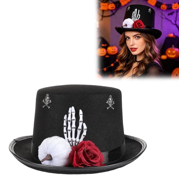Gothic Top Hat with Skull and Lace for Cosplay Halloween Party Black 1pc