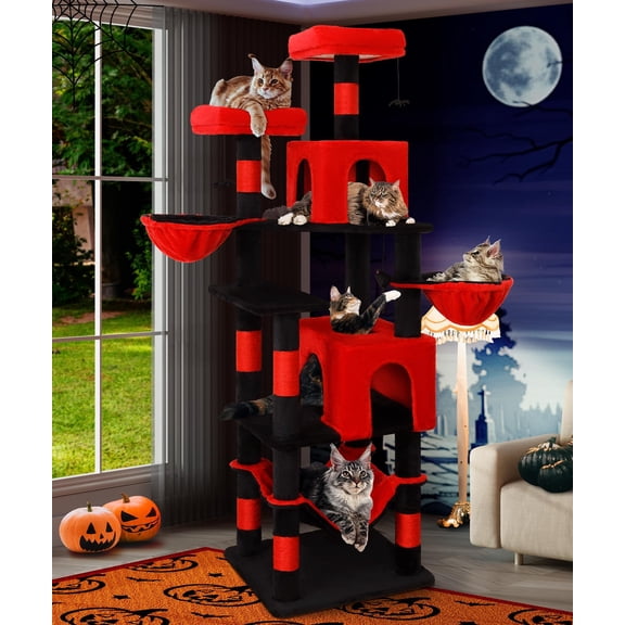 Gothic Tree, 70 Inch Tall Tower for Indoor Cats, Multi-Level Tree with , Hammock, Basket, Large Condos for Adult Cats Kittens, Black Red, PT18RD