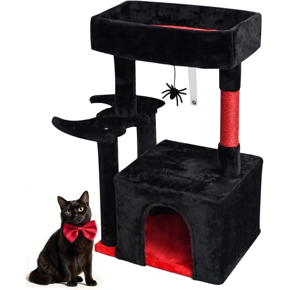 Gothic Tree with Coffin Bed for Indoor Cats, Activity Tower with , Modern House for Large Cats, Condo Furniture with Basket & Spider for Play Rest, Black & Red