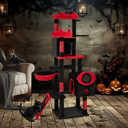 Gothic Tree Large Spooky Tower with Sisal Posts & Ramp 2 Condos Devil Ear Perches Spider Bat Toys Black Red
