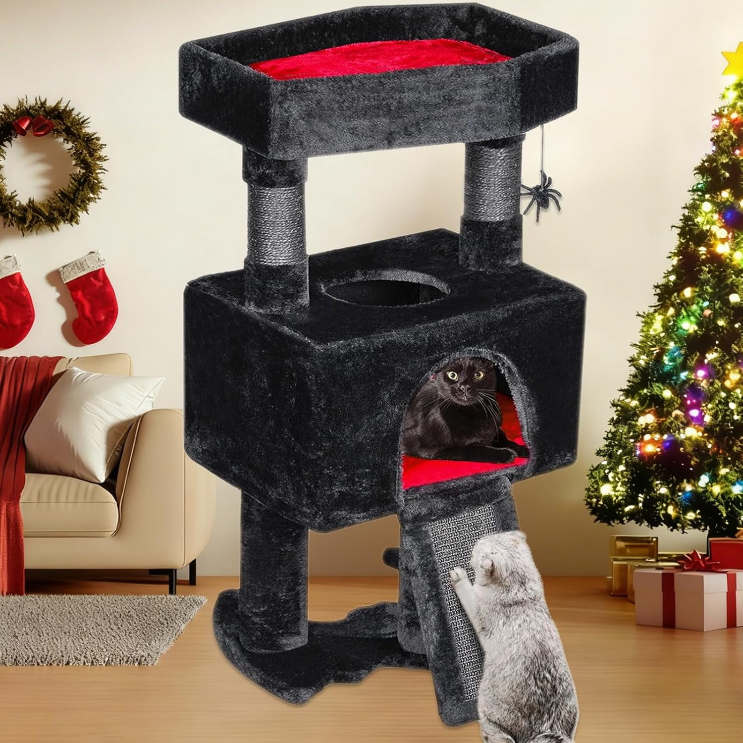 Gothic  Tree Tower with Coffin Bed and Spider Toy - 33.6 Inch Pet  Center
