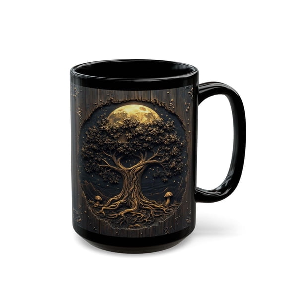 Gothic Tree of Life Mug Full Moon Ceramic Cup Whimsical Forest Night Art Dark Academia Decor Black