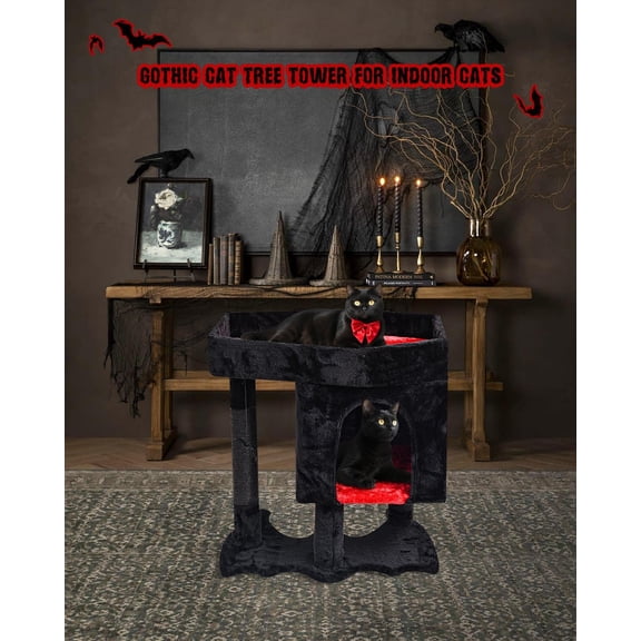 Gothic  Tree with Coffin Bed, Activity Tower with Scratching Post, Modern Condo with Plush Perch & Hanging Spider for Large Cats , Black & Red
