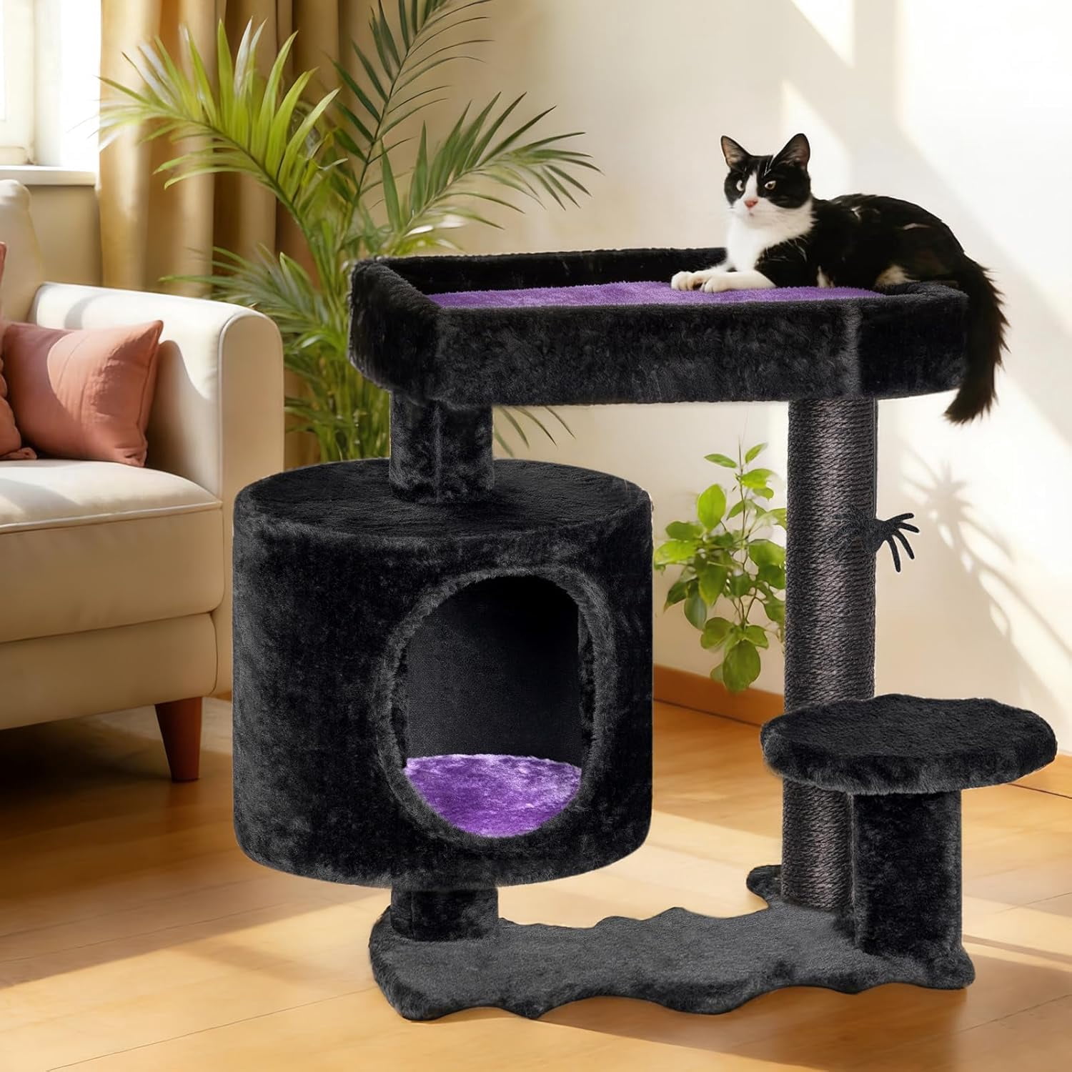Gothic  Tree with Coffin Bed and Scratching Posts, Black and Violet Small Tower for Kittens