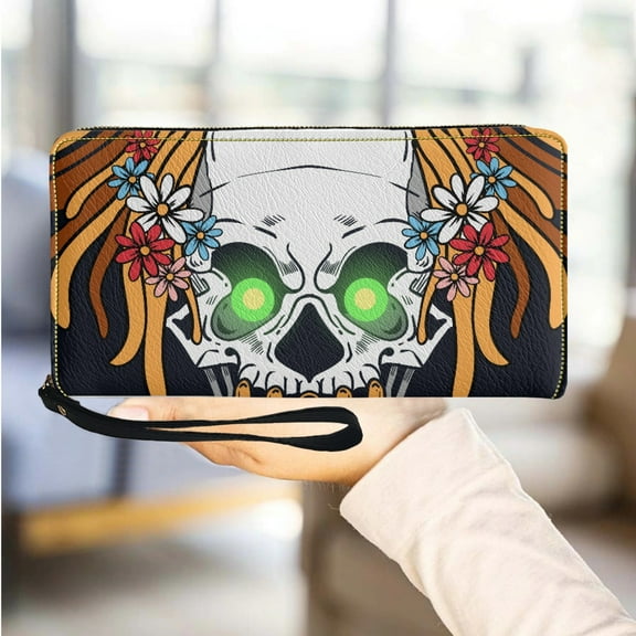 Gothic Tribal Skull Print Leather Long Wristlet Wallet Party Clutch Wallet Lightweight Multipurpose Card Holder Bolsas