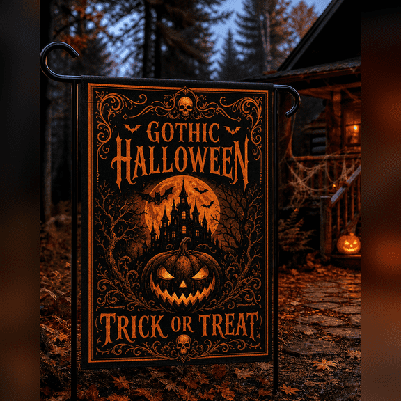 Gothic Trick or Treat Black Orange Garden Flag Halloween Decor