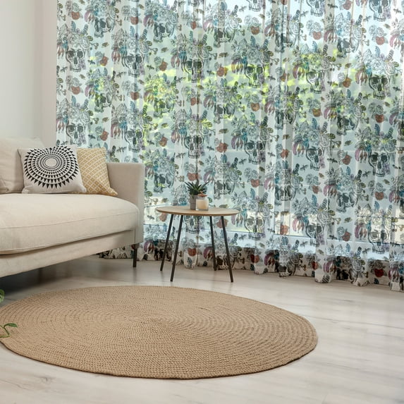 Gothic Tulle Curtains with Rod Pocket, Day of the Dead Inspired Human Skulls Design with Colorful Flowers Mexican Tradition, Sheer Drape for Wedding Party 2 Panels, 7 Sizes, Multicolor, by Ambesonne