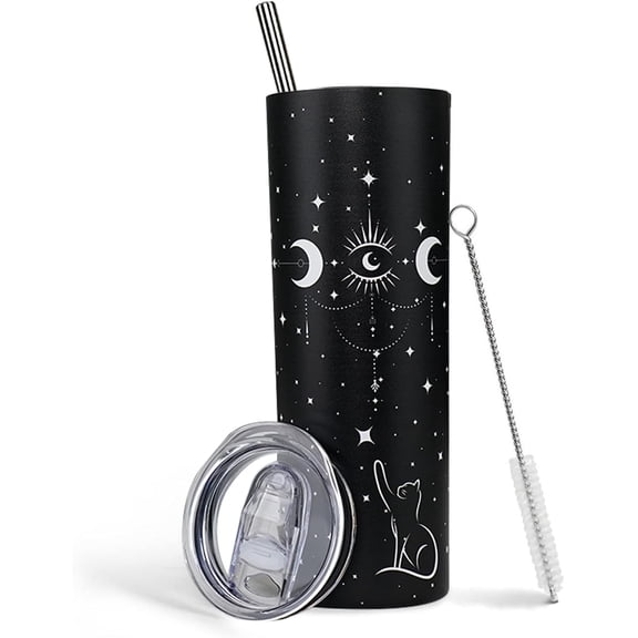 Gothic Tumbler 20oz - Black Cat Themed Stainless Steel Coffee Mug with Lid & Straw - Goth Gift for Women, Cat Lovers - Gothic Pussy Cup, Goths Present