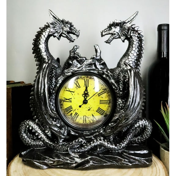 Gothic Twin Dragons Table Clock Statue With Roman Numerals In Metallic Look 11"H