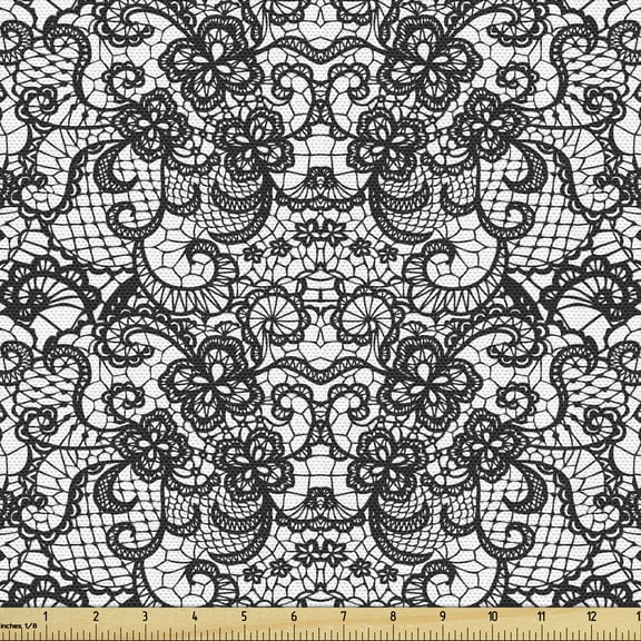 Ambesonne Gothic Fabric by the Yard Upholstery, Bridal Victorian Flowers, 2 Yards, Black White