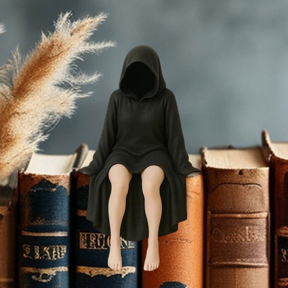 Gothic Upright Seated Hooded Lady Desk Topper 3.15 Inch (8cm), PLA Mini Black Robe Statue Figurine, Office Cubicle Decor for Workstation Shelf (Style C)
