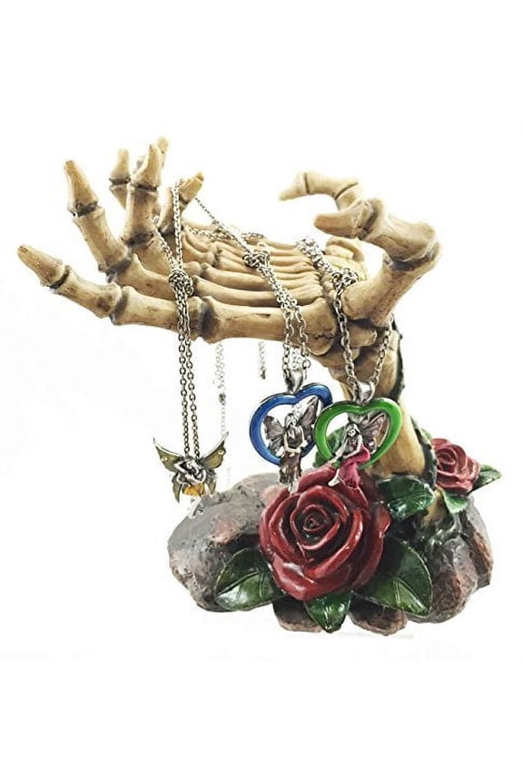 Gothic Valentine Rose Skeletal Hands Skeleton Grasp of The Dead Jewelry Holder Figurine Holds Many Rings Necklaces and Other Accessories