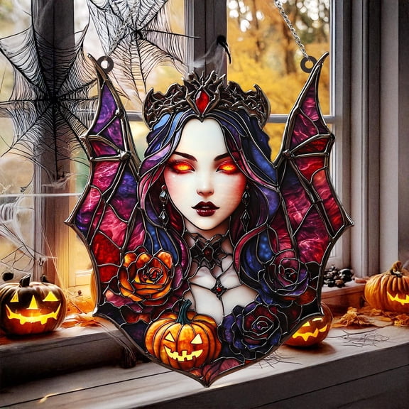 Gothic Vampire Bat Wings ACRYLIC Suncatcher Rose & Jack-O-Lantern Window Hanging Spooky Halloween Decor, Gift for Horror Fans