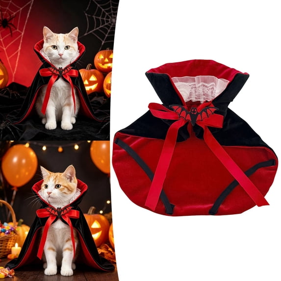 Gothic Vampire Cape Costume with Red Bat Bow and Stand Up Collar for Cats Small Dogs Cosplay Party Photo Booth (Red-22cm)