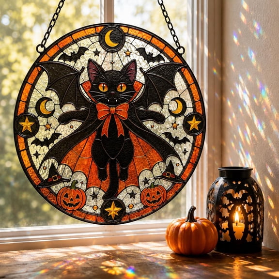 Gothic Vampire Cat Suncatcher Stained Glass Style, Halloween Bat Cat Decor, Spooky Window Art, Witchy Gift for Cat Lovers, Halloween Gifts