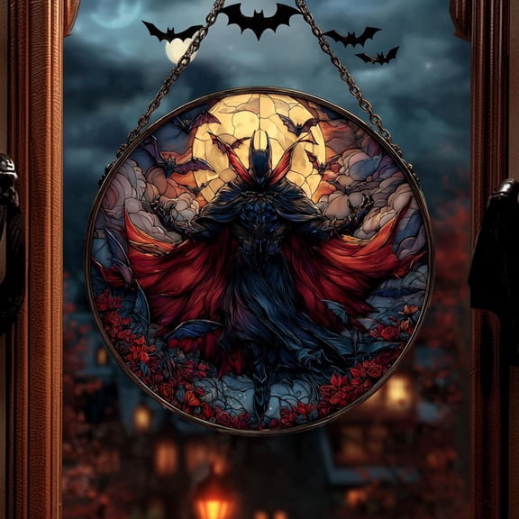 Gothic Vampire Moon Bats Acrylic Faux Stained Glass Suncatcher Window Hanging Spooky Halloween Gift For Him