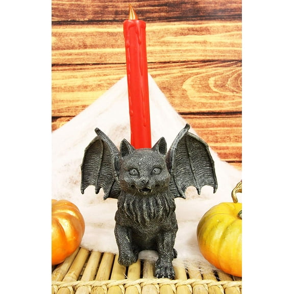 Gothic Vampire Winged Cat Gargoyle With Fangs Raising Paw Candle Holder Statue