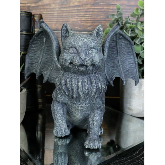 Gothic Vampire Winged Cat Gargoyle With Fangs Raising Paw Candle Holder Statue
