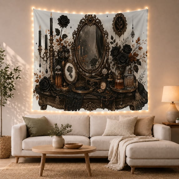 Gothic Vanity With Black Roses and Candles, Moody Gothic Style for Gothic Decor Fans, Dark Room Decor, Halloween Gift, Tapestry Wall Hanging for Bedroom and Living Room