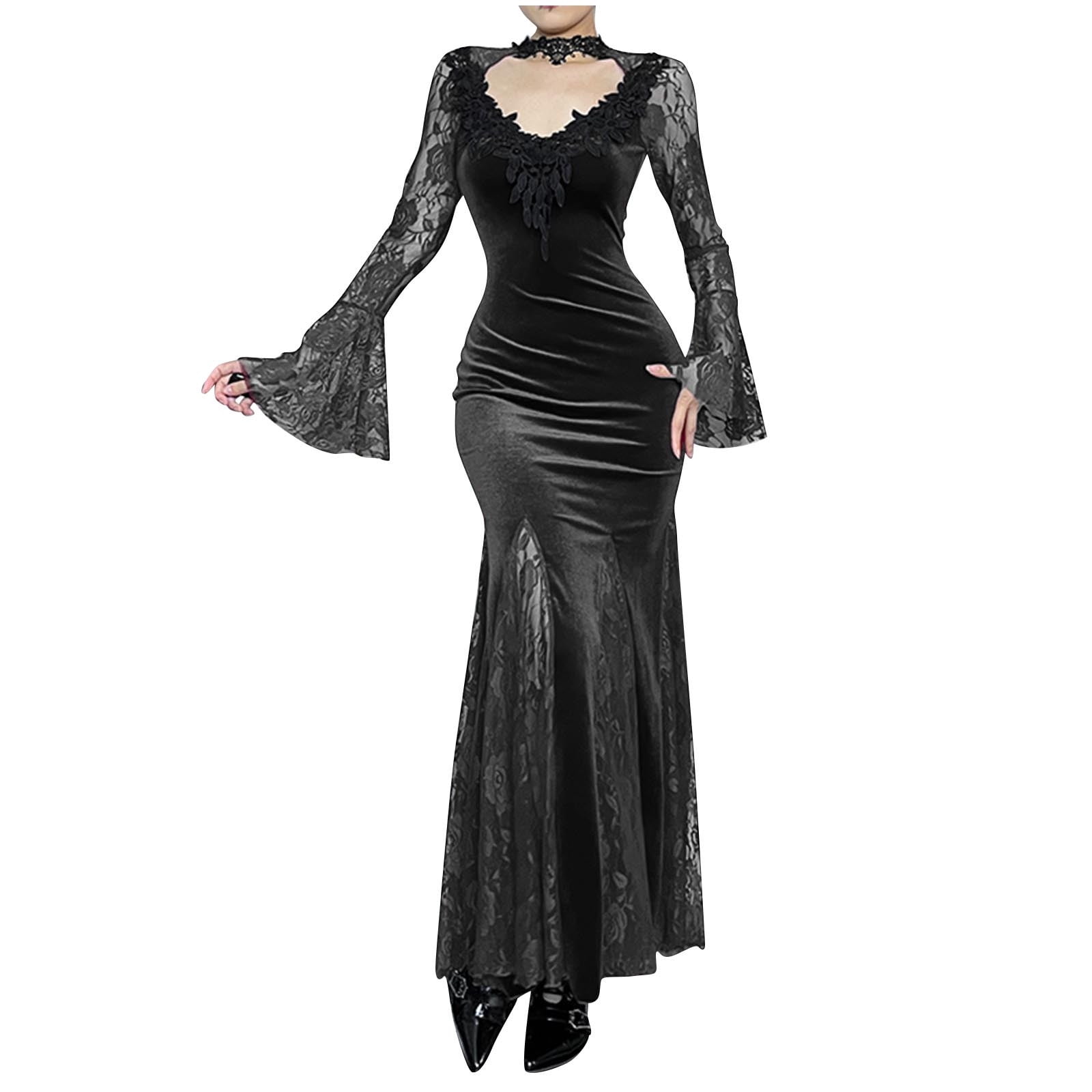 Gothic Velvet Dress for Women Long Sleeve Vampire Witch Costume Halloween  Maxi Dress Elegant Cosplay Outfit