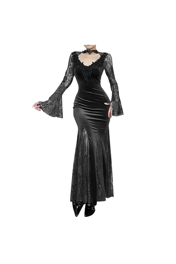 Gothic Velvet Dress for Women Long Sleeve Vampire Witch Costume Halloween Maxi Dress Elegant Cosplay Outfit